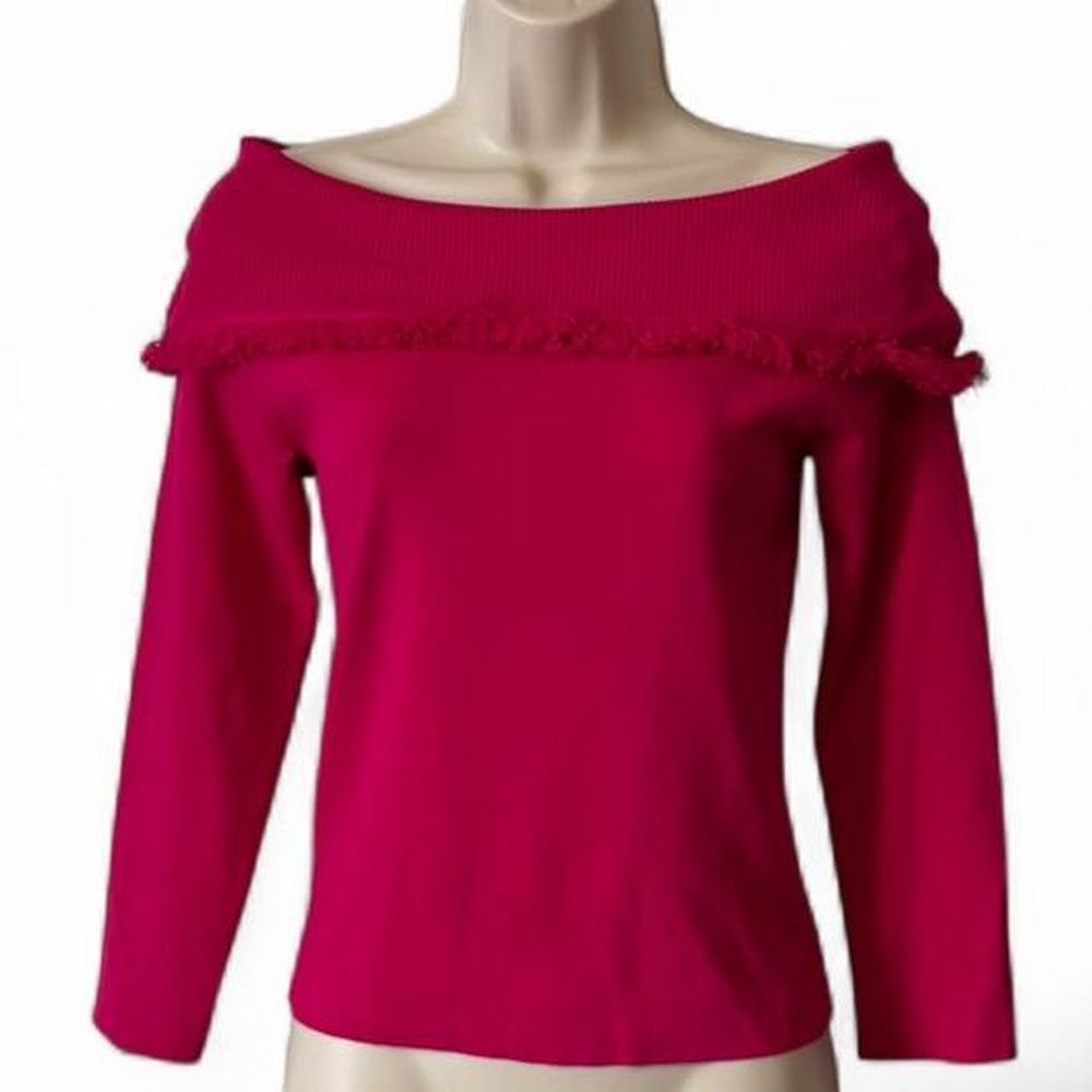 Vintage Y2K G Signature Fuschia Fringe Off Shoulder Knit Top, Women's Size S